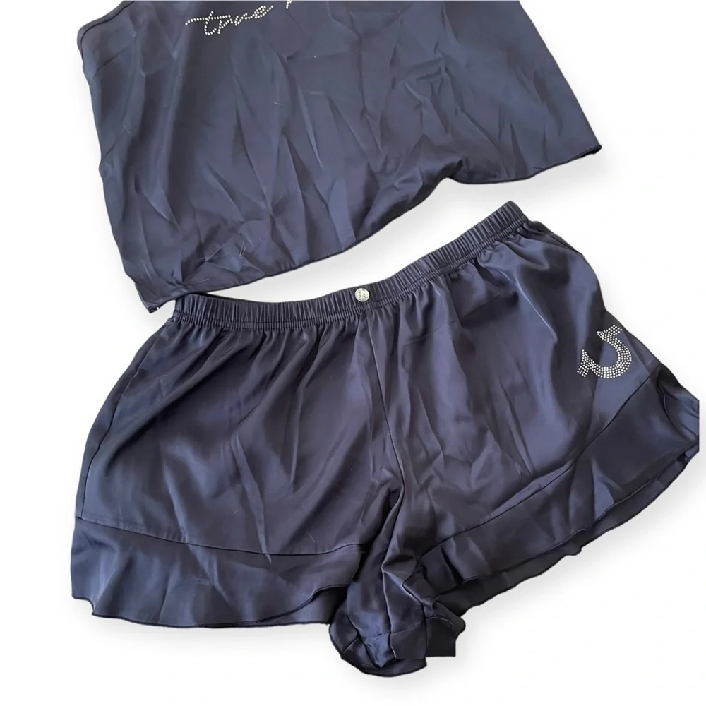 True Religion Crystal satin rhinestone two piece pajama set navy new with tags L